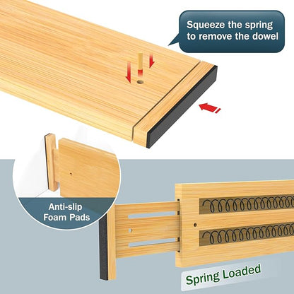Lzerking Kitchen Drawer Dividers 6 Pack, 4.65" High Adjustable Bamboo Drawer Organizers for Clothes (12-17.5"), Spring Loaded, Expandable Utensil Organizer for Kitchen Storage, Dresser, Bedroom