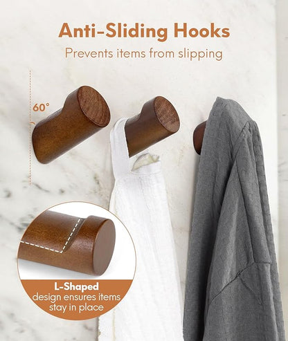 Wood Wall Hooks for Hanging, 4 Pack Hat Hook for Walls, Coat Hook Wall Mount, Backpack Hooks for Walls, Bathroom Towel Hanger (Walnut)