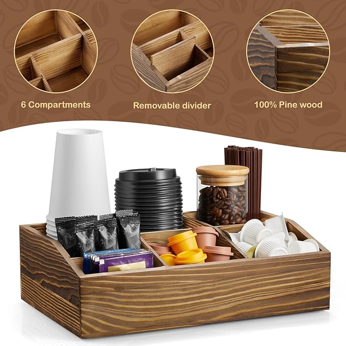 Burnt Wood Coffee Station Organizer for Countertop, Coffee Bar Accessories and Organizer, Rustic Coffee Pod Holder Storage Basket for K Cup Sugar Tea