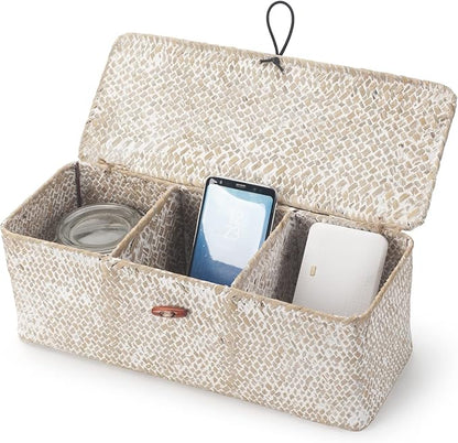 Seagrass Storage Basket with Lid Rectangular Small Woven Shelf Baskets with Sections for Organize Snack Toys Whitewash