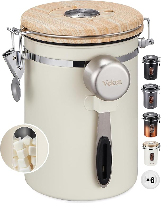 Veken Coffee Sugar Canister with Window, Coffee Lover Gift Set,Airtight Stainless Steel Kitchen Food Storage Container Gifts, Date Tracker & Scoop for Grounds Coffee,Beans,Tea,Flour,Cereal,22OZ,Cream
