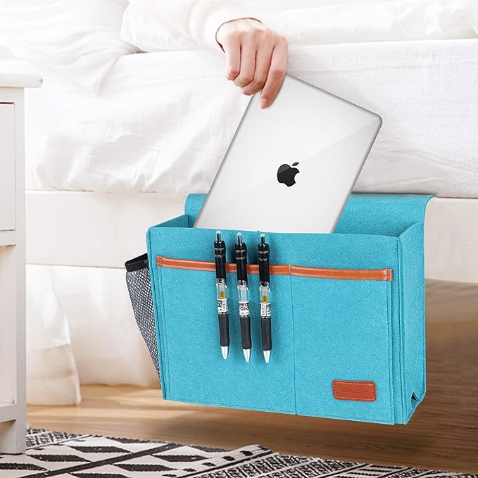 WantuSee Bedside Caddy, Bed Storage Organizer for Remote Controller, Books, Magzine, Laptop Holder, 12.4'' x 8.6'' inch Bedside Hanging Felt Storage Bag for Dorm Bed with 5 Pockets, Celadon