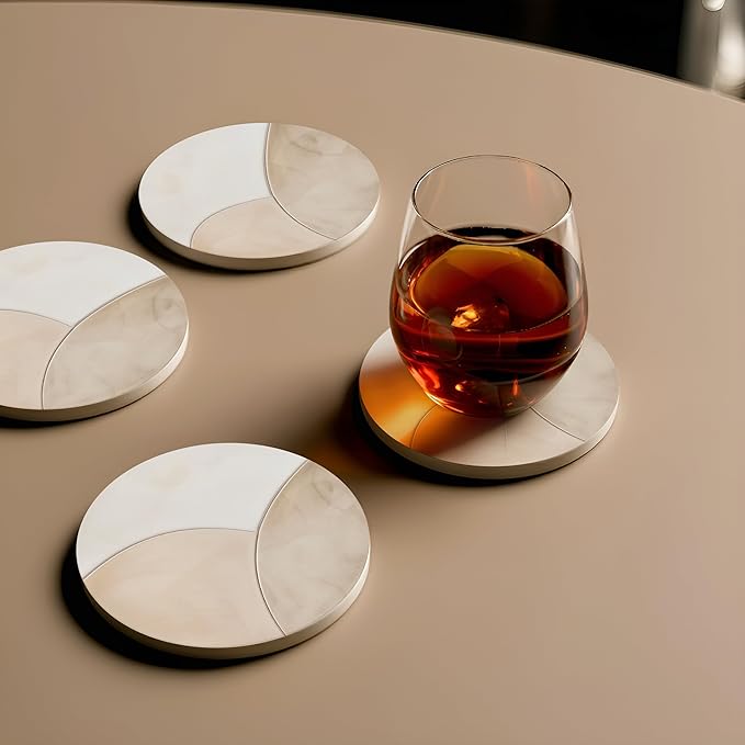 VEYRO Ceramic Coasters Set of 4 – Absorbent Stone Drink Coasters with Holder, Non-Slip Cork Backing, Modern Marble Look Coasters for Coffee Table, Desk & Home Decor