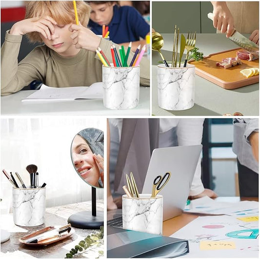 WAVEYU Pen Holder for Desk Cute, Modern Marble Desk Organizer, Durable Ceramic Pencil Cup, Makeup Brush Holder Cup, Multifunctional Office Stationery Holder for Women, Men, White Marble