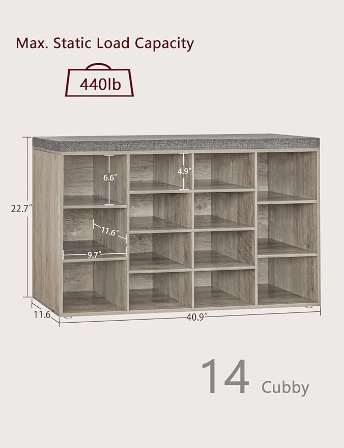 DINZI LVJ Shoe Storage Bench with Cushion, 14-Cubby Shoe Rack, Adjustable Shelves, Multifunctional Shoe Organizer Bench for Entryway, Mudroom, Hallway, Living Room, Bedroom and Garage, Gray Wash
