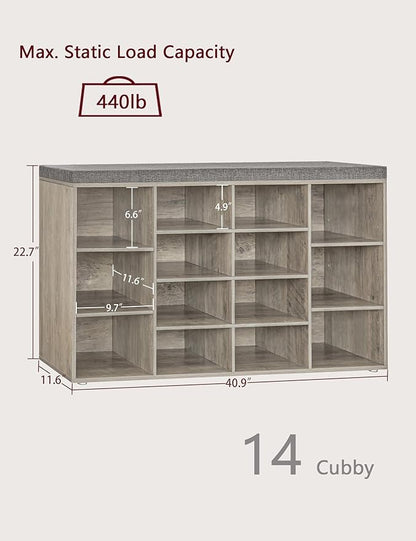 DINZI LVJ Shoe Storage Bench with Cushion, 14-Cubby Shoe Rack, Adjustable Shelves, Multifunctional Shoe Organizer Bench for Entryway, Mudroom, Hallway, Living Room, Bedroom and Garage, Gray Wash