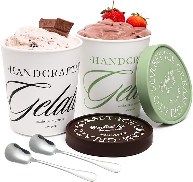 Set of 2 Ice Cream Containers, 1 Quart Each Reusable Freezer Storage for Homemade Gelato, Sorbet & Frozen Yogurt, 2 Spoons Included, Stackable Containers with Silicone Lids BPA Free