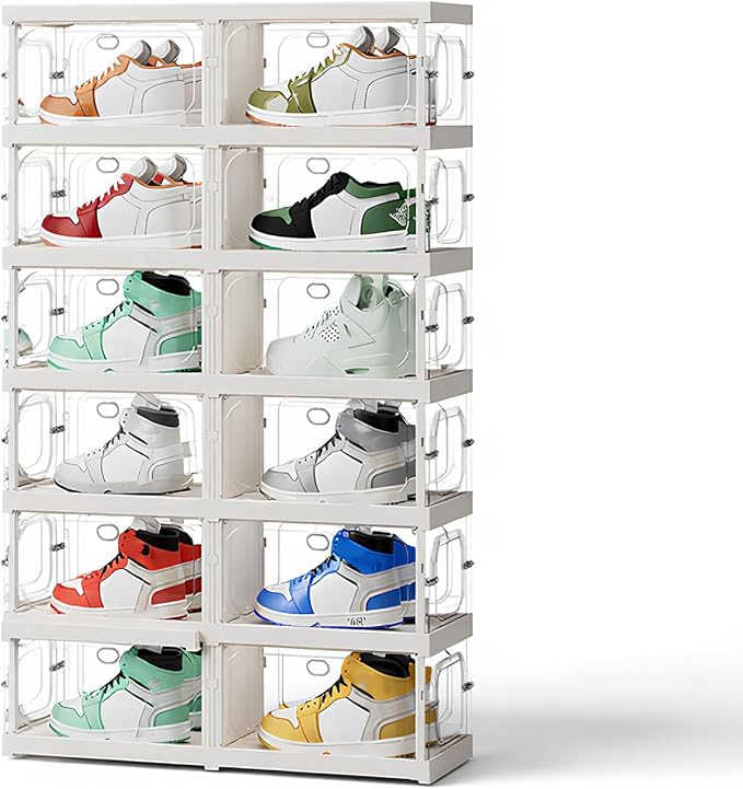 RILBOX X-Large Sturdy Foldable Shoe Rack Sneaker Container Clear Plastic Stackable Space Saving Shoe Storage Boxes Organizers Bin Holder with Lids for Entryway, Closet 6 Tier - 27.6" W Hold 12 Pairs