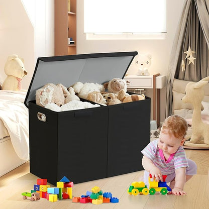 Large Toy Storage Box with Lid, Collapsible Toys Storage Organizer Bins with Dividers and Handles, Storage Chest Bin for Kids, Boys, Girls, Nursery 25"x13" x16" (Black)