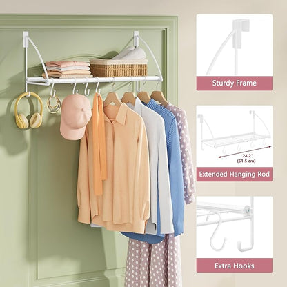 Tajsoon Over Door Clothes Hanger with Storage Rack and 6 Hooks, Extended Over The Door Clothes Rack for Hanging Coat for Bathroom, Bedroom, Living Room, White