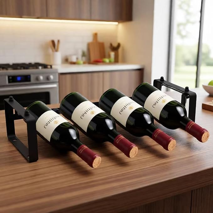 Stackable 4 Bottles Wine Rack – Compact Metal Wine Holder for Countertop, Cabinet, Pantry, Bar, or Small Spaces – Small Freestanding Wine Storage Organizer for Tight Spaces (1 Tier, Black)