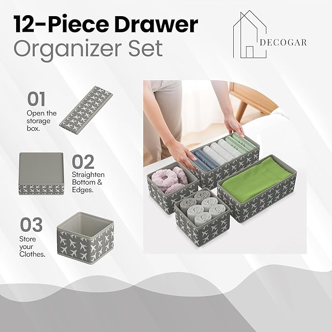 Drawer Organizer – 12 Pack Foldable Gray Fabric Storage Bins with White Airplanes | Baby Clothes, Diapers, Socks & Toys Organizer for Nursery Dresser, Closet & Bedroom Drawers