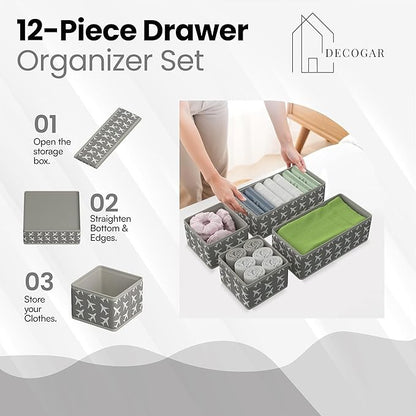 Drawer Organizer – 12 Pack Foldable Gray Fabric Storage Bins with White Airplanes | Baby Clothes, Diapers, Socks & Toys Organizer for Nursery Dresser, Closet & Bedroom Drawers