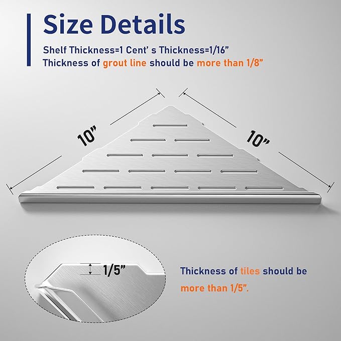 Bernkot Corner Shower Shelf 10" Brushed 304 Stainless Steel Slot Design Recessed Corner Shelf Bathroom Grout in Shelf for Tiled Wall