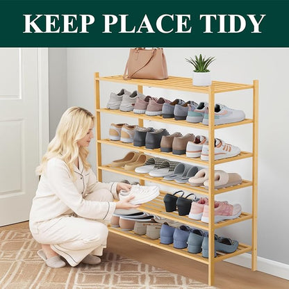 Smiry Long Bamboo Shoe Rack 6-Tier, Stackable Wooden Shoe Organizer for Entryway & Closet, Free Standing Wood Shoe Storage Shelf for Front Door & Small Spaces, Natural