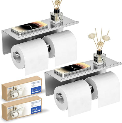 2 Pack Double Toilet Paper Holder with Shelf, Wall Mount Tissue Roll Holder, Heavy Duty 304 Stainless Steel Commercial Toilet Paper Dispenser with Phone Shelf for Home, Hotel, Office, Restaurant