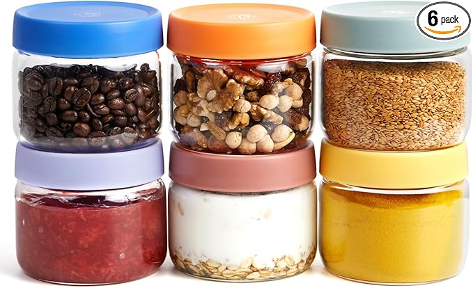 Premium 10oz Borosilicate Glass Jars, Airtight Lids (6 Pack) - Freezer, Oven, Microwave & Dishwasher Safe (-4°F to 446°F), Stackable for Spices, Coffee, Chia Pudding, Snacks & Pantry