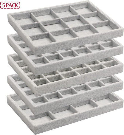 DIOMMELL Set of 5 Stackable Velvet Jewelry Trays Organizer Jewelry Display Showcase Dresser Drawer Organizer Storage Box for Ring Earring Bracelet Necklace Accessary, Grey