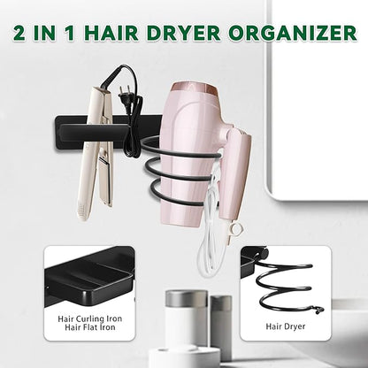 OlBuWa Hair Dryer Rack Wall Mounted Stainless Steel Shelf Storage For Bathroom Walls (Black)