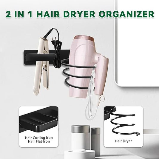 OlBuWa Hair Dryer Rack Wall Mounted Stainless Steel Shelf Storage For Bathroom Walls (Black)