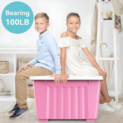 Nazhura Plastic Storage Bin, Stackable and Nestable Storage Boxes with White Lids and Secure Latching Buckles, Large Storage Container (Pink/White, 72Quart-4Pack)
