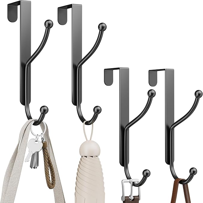 niffgaff Over Door Hook 4-Pack, Heavy Duty Door Hanger, Fits Interior Doors 1.4 Inches Thick, Organize Coats, Hats, Towels, and Bags for Entryways, Bathrooms, Bedrooms, and Kitchens, Black