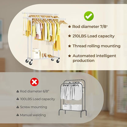 Double Rods Clothes Rack, Rolling Clothing Rack for Hanging Clothes Portable Wardrobe Rack, Metal Garment Rack Sturdy Coat Rack for Bedroom Laundry Living Room, White