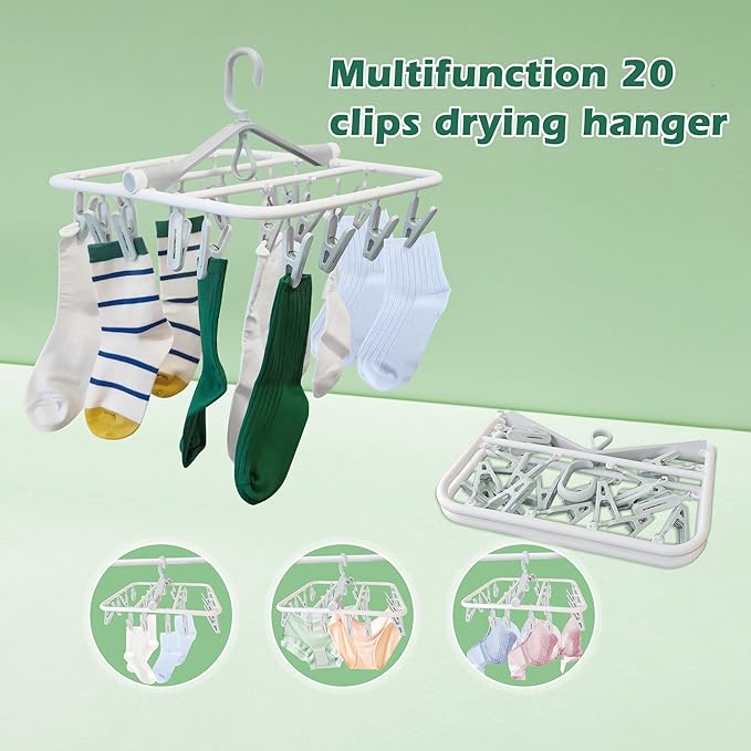 Plastic PP Drying Hanger, Anti-Rusty Drying Rack for Clothes, Socks, Lingeries, Delicates, Drying Hanger with 20 Clips for Baby Clothes, Towels