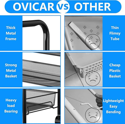 OVICAR 4 Tier Mesh Wire Rolling Cart, Kitchen Storage Organizer Utility Cart, Full Metal Basket Storage Art Trolley Carts with Wheels & 4 Side Hooks