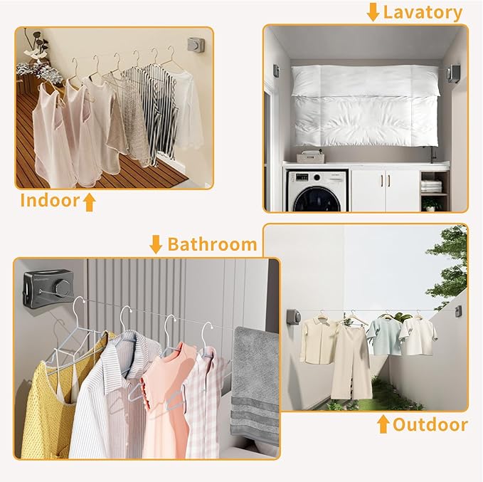 Retractable Clothesline Indoor & Outdoor, Non-Sagging Wall Mounted Drying Rack Clothesline, 16.7 Ft Stainless Steel Wire Double Clothes Lines, Hanging Clothes line for Balcony, Courtyards(Black)