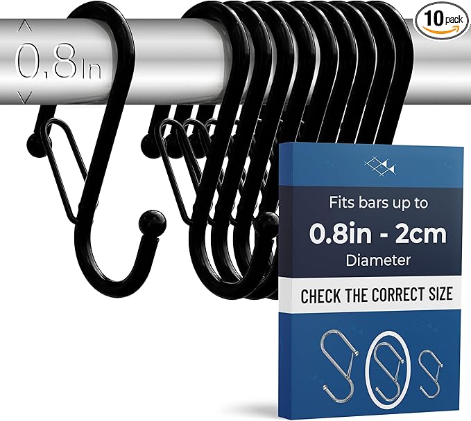 Blau Marité 10-Pack Metal S Hooks for Hanging – Heavy-Duty S-Shaped Hook with Safety Buckle – Fits Bars up to 0.8 in – Anti-Drop S-Hooks for Kitchen, Bathroom, Closet & Pot Racks – Black (Medium)