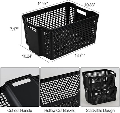 6-Pack Plastic Stackable Baskets, Stacking Plastic Storage Basket, Black