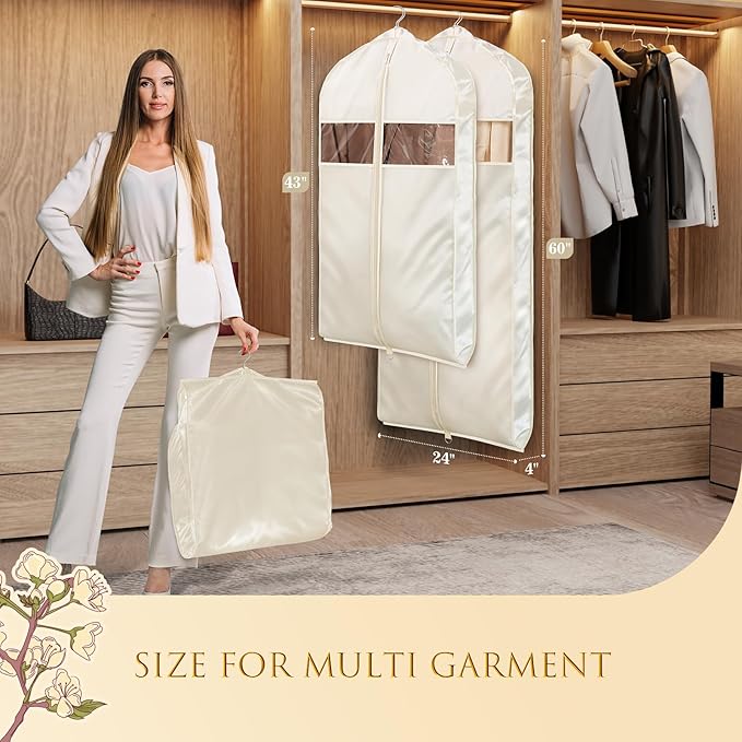 Univivi Super Soft Satin Garment Bags for Hanging Clothes, 43 Inch Zippered Suit Cover with Gussets, Breathable & Non-smell for Suits, Coats, Jackets, Shirts, 2 Pack - Apricot