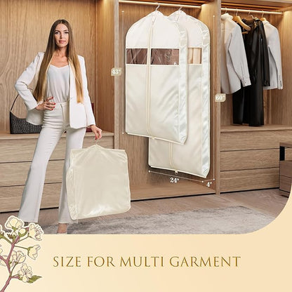 Univivi Super Soft Satin Garment Bags for Hanging Clothes, 43 Inch Zippered Suit Cover with Gussets, Breathable & Non-smell for Suits, Coats, Jackets, Shirts, 2 Pack - Apricot