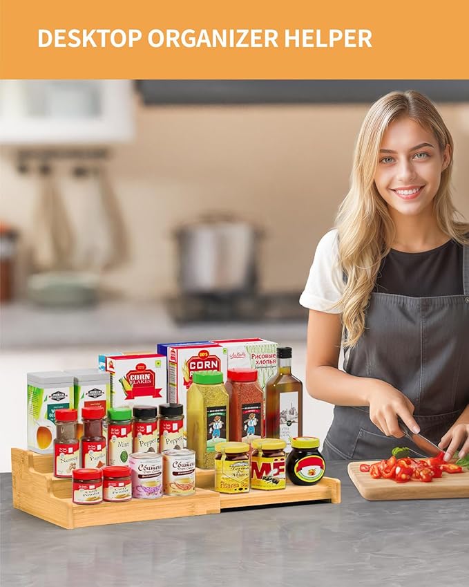 Spice Rack, 3-Tier Expandable Bamboo Spice Rack Organizer for Cabinet, Kitchen, Pantry and Cupboard Storage Organizer(2pack)