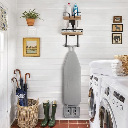 VINAEMO Ironing Board Hanger Wall Mount, 2-Layer Iron and Ironing Board Holder, Laundry Room Shelves Solid Wood with Removable Hooks Home Organization and Storage