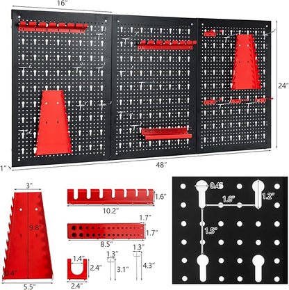 Goplus Garage Pegboard Tool Organizer, 4ft Metal Pegboard Wall Organizer w/3 Pegboards, Drill Bit Rack, Wrench Rack, Hooks Accessories, Wall-Mounted Tool Storage Peg Board for Workshop, Black