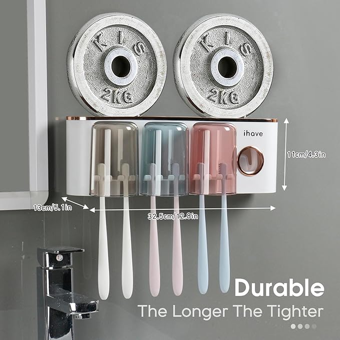 iHave Toothbrush Holders Bathroom Accessories with Toothpaste Dispenser, 3 Cups Toothbrush Holder Wall Mounted Bathroom Decor