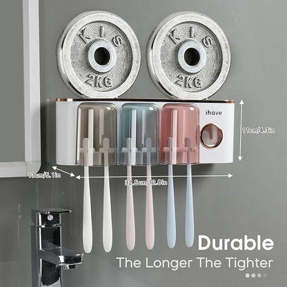 iHave Toothbrush Holders Bathroom Accessories with Toothpaste Dispenser, 3 Cups Toothbrush Holder Wall Mounted Bathroom Decor