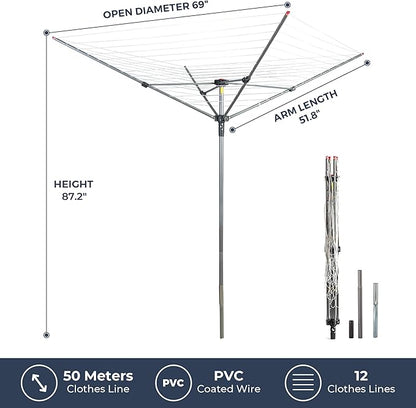 STO STO Umbrella Clothesline Outdoor Drying Rack, 164 Feet Rotary Clothes Drying Rack with Adjustable Height, Folding Laundry Line with Metal Ground Spike for Backyard, Patio, Garden, Heavy Duty