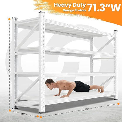 71”W Garage Shelving Units, 5000LBS Storage Shelves Heavy Duty, 24" Deep Metal Shelving Rack, 4 Tier Large Tall Industrial Shelving , Adjustable Standing Shelf for Warehouse / Shop 71"W x 24"D x 70"H