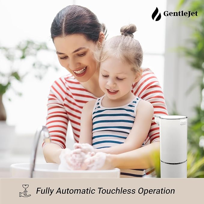 GentleJet JetFoam Automatic Foam Soap Dispenser - Touchless Electric Soap Dispenser, USB-C Rechargeable, Adjustable Foam Levels, 10 oz Countertop Hands-Free Soap Pump for Bathroom & Kitchen (White)