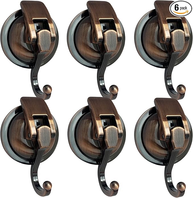 YSSILADI Heavy Duty Vacuum Suction Shower Hooks - Glass Suction Cup Hooks, for Bathroom Robe or Garland Decoration (Antique Brass, 6 Pack)