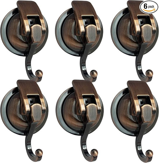 YSSILADI Heavy Duty Vacuum Suction Shower Hooks - Glass Suction Cup Hooks, for Bathroom Robe or Garland Decoration (Antique Brass, 6 Pack)