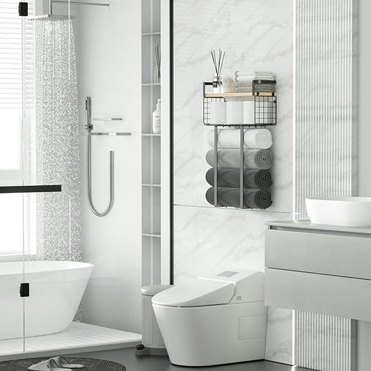 Towel Racks for Bathroom, Metal Towel Holder with Storage Basket,Wall Towel Rack for Rolled Towels, Towel Storage for Small Bathroom.