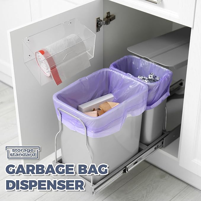 Storage Standard Trash Bag Holder Dispenser - Open Side Acrylic Bags Dispensing Roll Holder, Garbage Liner Holder for Cabinet, Garbage & Under Sink - Organizer for Home or Shops - 10.5" x 5.5" x 5.5"