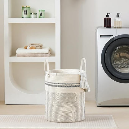 VIPOSCO Tall Laundry Basket, Large Dirty Clothes Hamper with Leather Handle, Woven Rope Storage Basket for Blanket, Toy In Living Room, Bathroom, Bedroom - 53L Stripe White