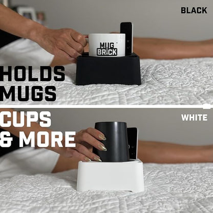 MugBrick Spill-Proof Mug Holder and Desk Organizer. Non-Tip Coffee Cup Holder with Pockets for Pens and Small Remotes. Ideal for Bed, Desktop or Couch, Gift for Coffee Drinkers, White