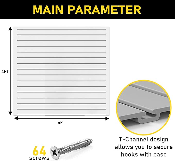 Heavy Duty 4x4 PVC Garage Slatwall Storage System (with Endcaps & Screws) - Modular Slat Wall Paneling for Garage Wall Organizer - Interlocking Slatwall Panels for Home & Commercial Use (White)