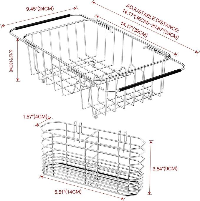 SwetLao Dish Drainer Rack in Sink Adjustable, Expandable 304 Stainless Steel Metal Dish Drying Rack Organizer with Stainless Steel Utensil Holder Over Inside Sink Counter, Rustproof